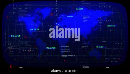 Digital dashboard displaying world map in control center, with binary code streams and numeric data Stock Photo