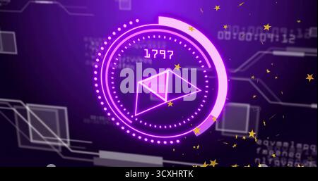 Displaying HUD featuring dotted ring, prism icon and numeric readout 1797, in code backdrop Stock Photo