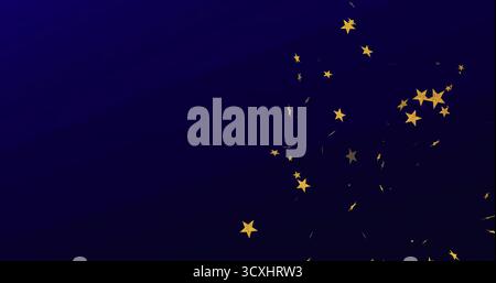 Displaying gold five-pointed star shapes drifting across deep blue gradient background, copy space Stock Photo