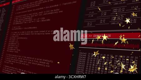 Displaying red encryption progress bar with waveform in terminal windows overlaying golden stars Stock Photo