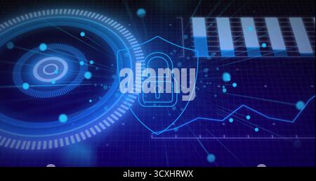 Displaying shield containing lock icon on blue grid, with progress circles, bars, line graph nodes Stock Photo