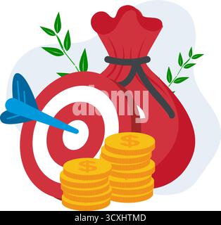 A colorful illustration depicts a target with a blue dart hitting the center, symbolizing precision or goal achievement. Adjacent is a red money bag t Stock Vector