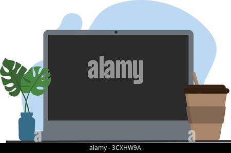 On a blue surface, a laptop with a blank screen centers the illustration. To the left, a potted plant with large, glossy leaves sits beside a white mu Stock Vector