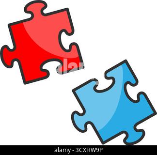 Two jigsaw puzzle pieces are depicted on a plain white background. One piece is red, and the other is blue. Each piece has four interlocking tabs and Stock Vector