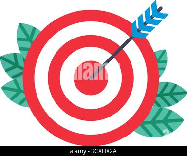Red and white target with a bullseye hit by a blue and black arrow. Green leaves are arranged behind the target, adding a natural element. The target Stock Vector