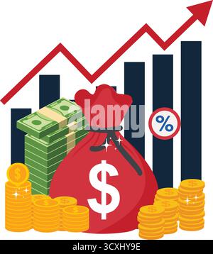 dollar coin money with growth arrow symbol, illustration of economic and financial growth icon vector Stock Vector
