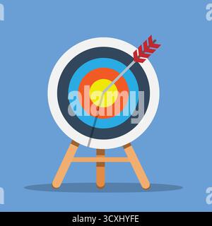 A stylized illustration of an archery target on a wooden stand. The target features concentric circles in white, black, blue, red, and yellow, with an Stock Vector