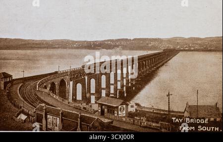 A pre World War One postcard of the Tay railway bridge with steam train travelling south from Dundee Scotland Stock Photo