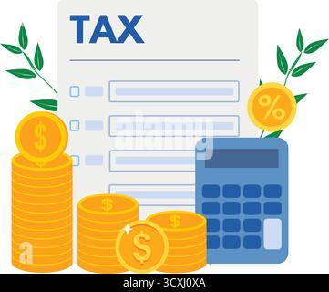 Tax statistics and report analysis, asset calculation and management, coin and calculators Stock Vector