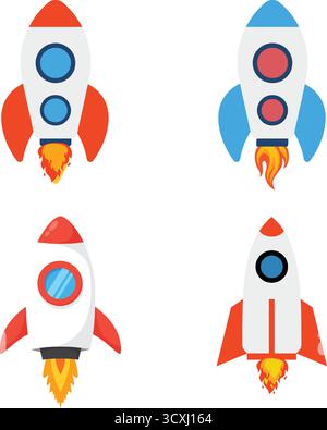 Spaceship icon in flat design. Vector illustration combo 4 pieces Stock Vector