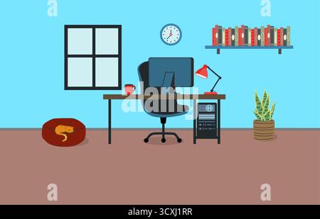 Modern office setup featuring a desk with a computer monitor, a red desk lamp, and a red mug. A potted snake plant is on the floor to the right. A bla Stock Vector