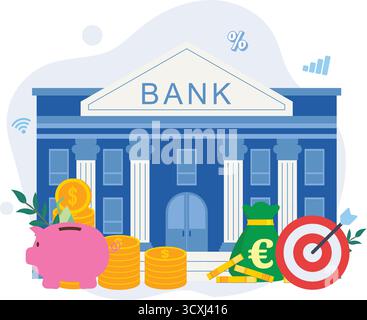 Vector flat illustration, bank building on a white background, bank financing, money exchange, financial services, ATM, giving out money Stock Vector