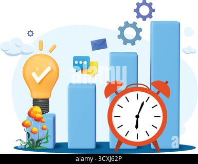 Time management Business growth and productivity. A bright idea bulb, growth bars, an alarm clock, and communication icons symbolize Stock Vector
