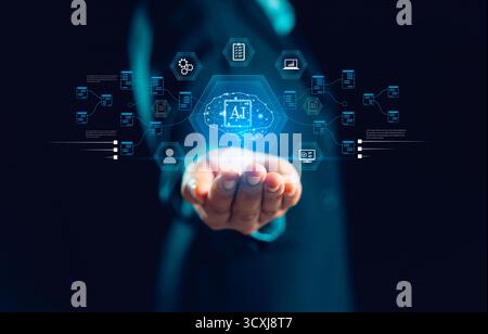 Businesswoman interacts virtual graphic interface, global AI chatbot by futuristic AI tech, artificial intelligence respond to command prompt, generat Stock Photo