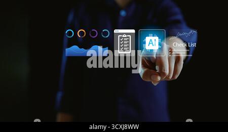 Businessman touching virtual AI interface with data analytics, checklist and technology icons, symbolizing artificial intelligence, Stock Photo