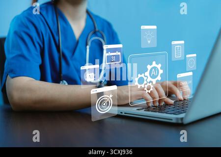 Medical professional using laptop with AI icons, checklist and healthcare technology interface, symbolizing artificial intelligence in medicine, smart Stock Photo
