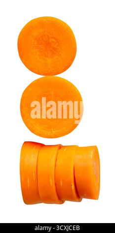 Side view of orange carrot slices in stack and set is isolated on white background with clipping path. Stock Photo