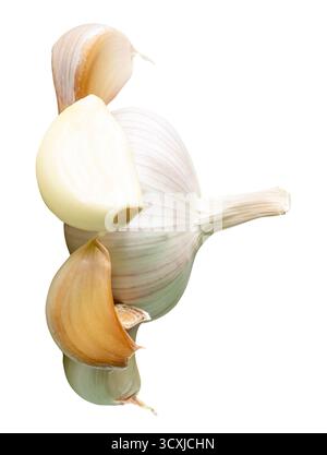 Garlic bulb with cloves in heap is isolated on white background with clipping path. Stock Photo