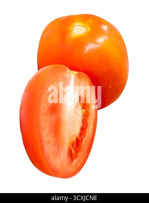 Single ripe red tomato fruit with half is isolated on white background with clipping path. Stock Photo