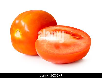Single ripe red tomato fruit with half is isolated on white background with clipping path. Stock Photo