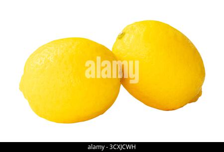 Side view of two ripe yellow lemon fruits in stack is isolated on white background with clipping path. Stock Photo