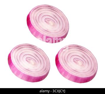 A set of three Spanish onion or red onion slices is isolated on white background with clipping path. Stock Photo