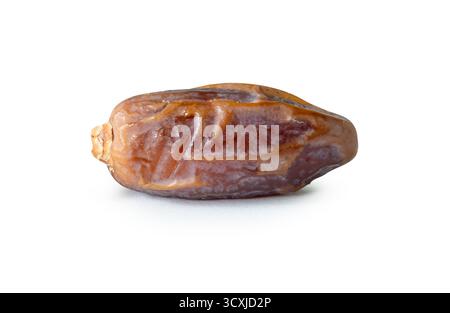 One ripe dried date palm fruit is isolated on white background with clipping path. Concept of iftar food in Ramadan month for Muslims Stock Photo