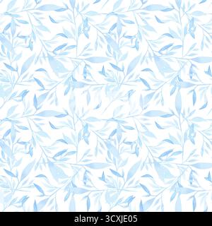 Seamless pattern of blue plant branches. Simple pattern. Flowers. Watercolor. Stock Photo