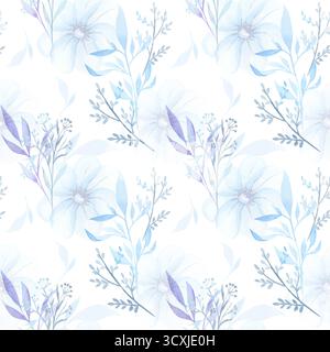 Seamless pattern of blue plant branches. Simple pattern. Flowers. Watercolor. Stock Photo