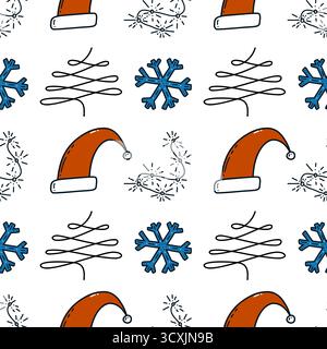 Festive holiday pattern with santa hats, blue snowflakes, and christmas lights. Stock Vector