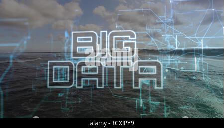 Displaying bold BIG DATA lettering blending across ocean horizon, neon-blue network overlay Stock Photo