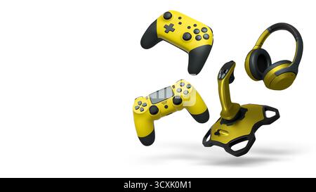 Floating gaming accessories like controllers, joystick, and headphones isolated on white background with clipping path, concept of gaming Stock Photo