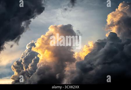 Dramatic cloudscape featuring large, billowing cumulus clouds illuminated by the setting sun. The clouds display varying shades of gray and golden hue Stock Photo