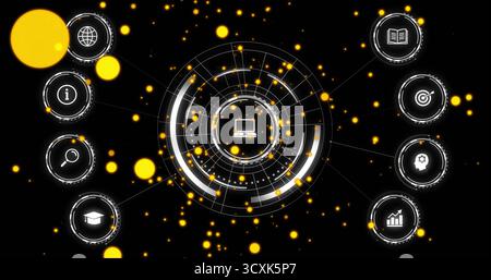 Displaying laptop icon surrounded by HUD rings on black interface, with nodes and yellow glow Stock Photo