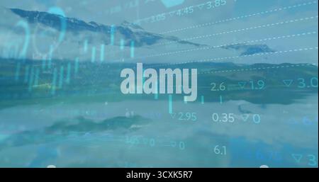 Displaying trading charts overlaying snow-capped peaks by glacial lake, candlestick bars and arrows Stock Photo