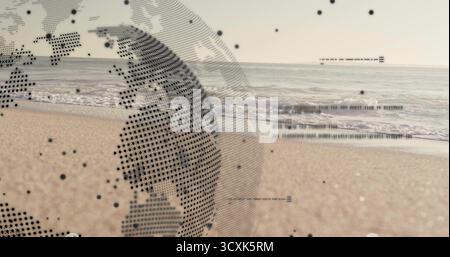 Projecting digital dot-matrix globe hovering above sandy shoreline, ocean waves with floating dots Stock Photo