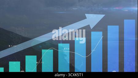 Displaying vertical bar chart with overlay line graph and upward arrow on aerial coastal landscape Stock Photo
