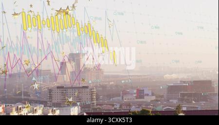 Displaying translucent overlay with candlesticks line graphs over urban skyline, with times symbols Stock Photo