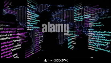 Displaying dotted world map projection glowing on cyberspace dashboard, with floating code panels Stock Photo