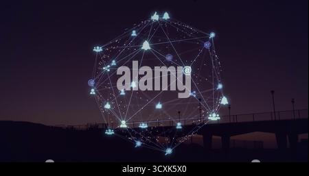 Floating holographic network sphere over sea pier with lampposts at dusk showing social media icons Stock Photo