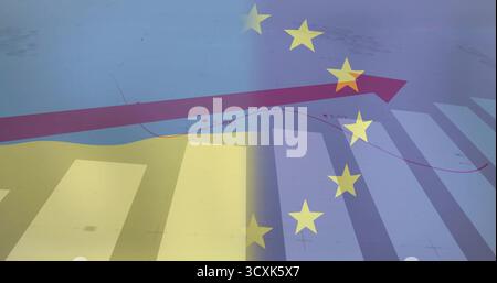 Displaying red upward arrow moving over striped chart with golden stars, grid lines and data curve Stock Photo