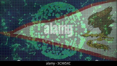 Central sphere displaying glowing green nodes in grid with lines, red beam, eagle spear emblem Stock Photo