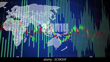 Displaying white world map outline with green bars, candlesticks and red trendline on interface Stock Photo