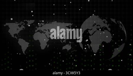 Displaying UI showcasing dotted world map and globe on dark grid lines, with floating binary digits Stock Photo