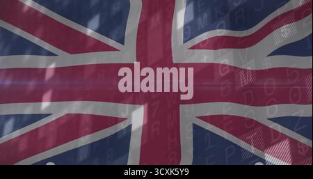 Displaying Union Jack flag filling frame on data grid, with code and light streaks Stock Photo