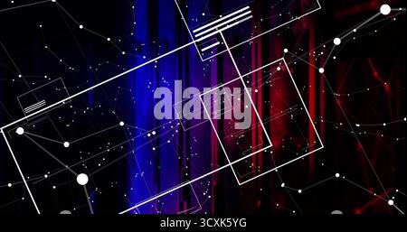 Displaying digital network on split blue red background, with white frames and nodes Stock Photo