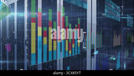 Displaying transparent panels showing multicolored bar charts in data center, with LED server racks Stock Photo