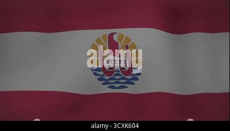 Displaying red-white-red triband flag waving on backdrop featuring stylized canoe, waves, sun rays Stock Photo