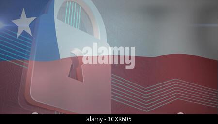 Displaying padlock icon on digital Chilean flag with circuit-board traces and horizontal neon lines Stock Photo