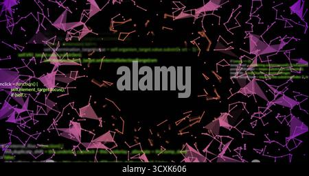 Displaying network visualization on digital screen, with glowing meshes and scrolling green code Stock Photo